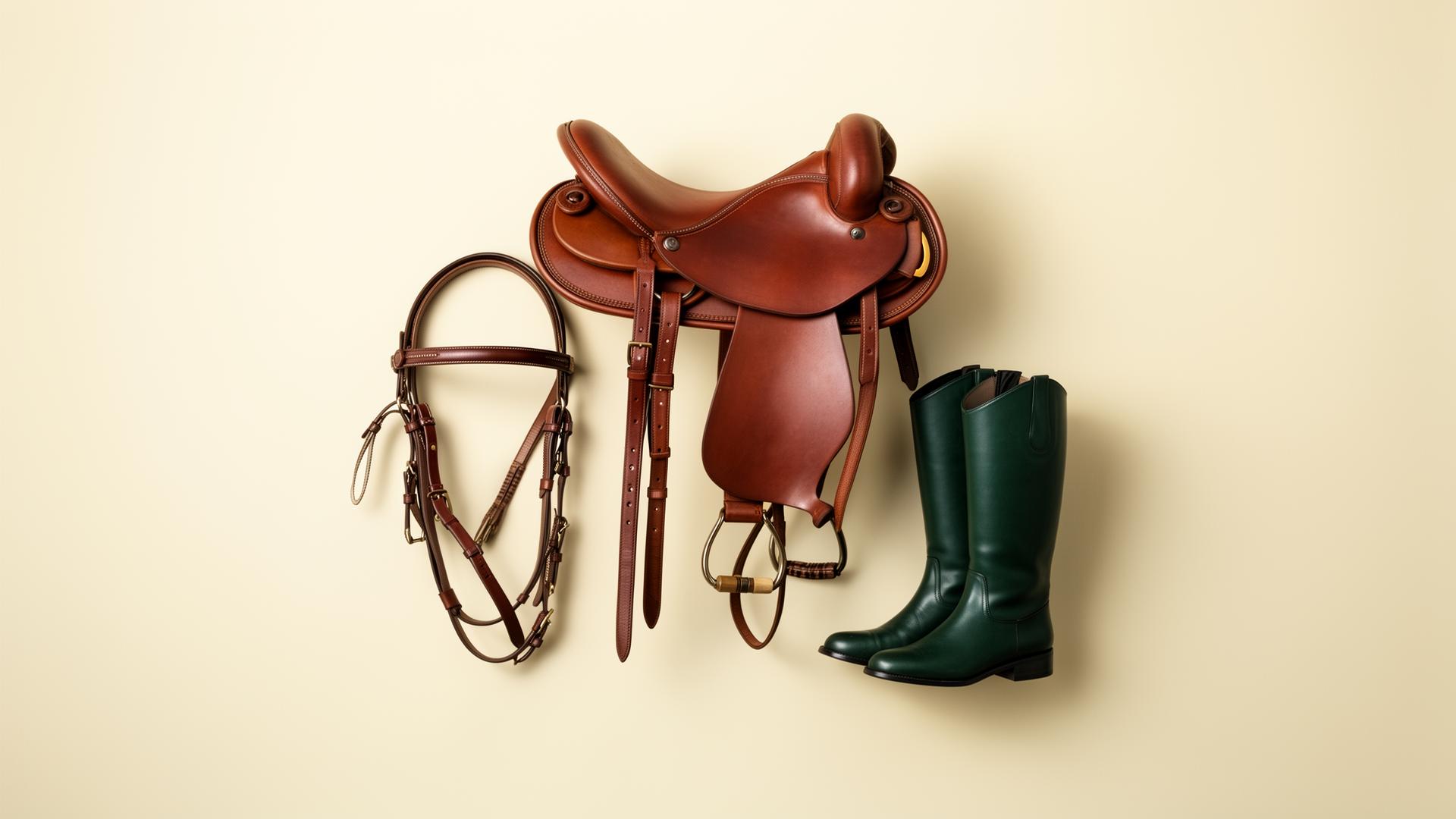 Premium leather saddle, bridle, and riding boots